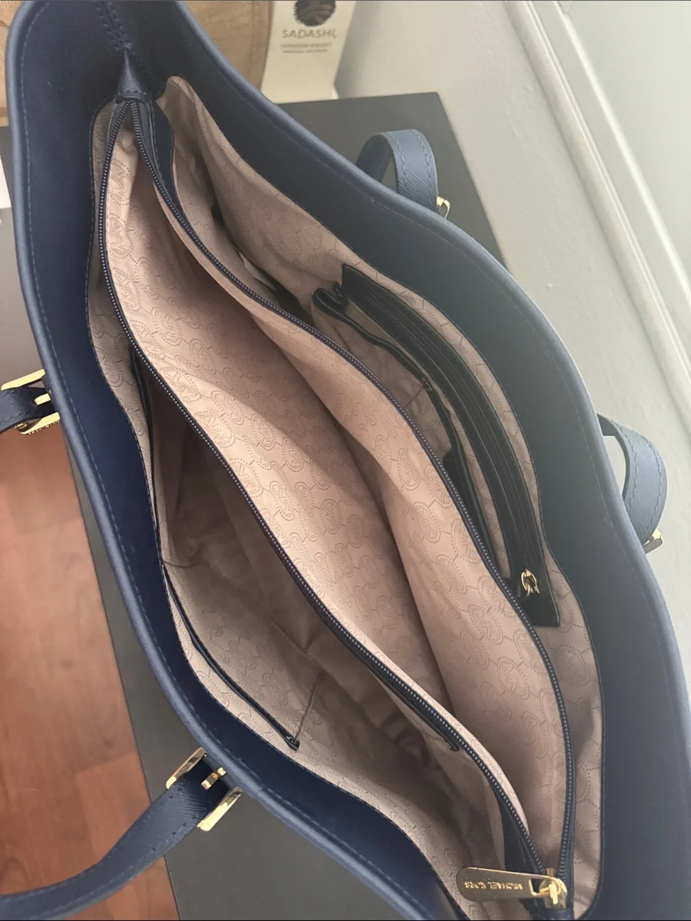 Michael Kors Navy Saffiano Leather Tote with Gold Hardware